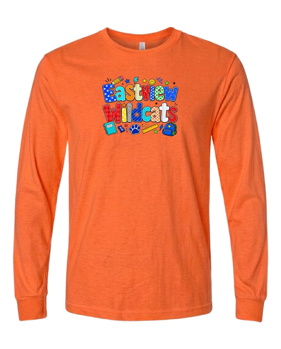 An orange long-sleeved t-shirt with a colorful graphic design featuring the text "Eastview Wildcats" in a playful font.
