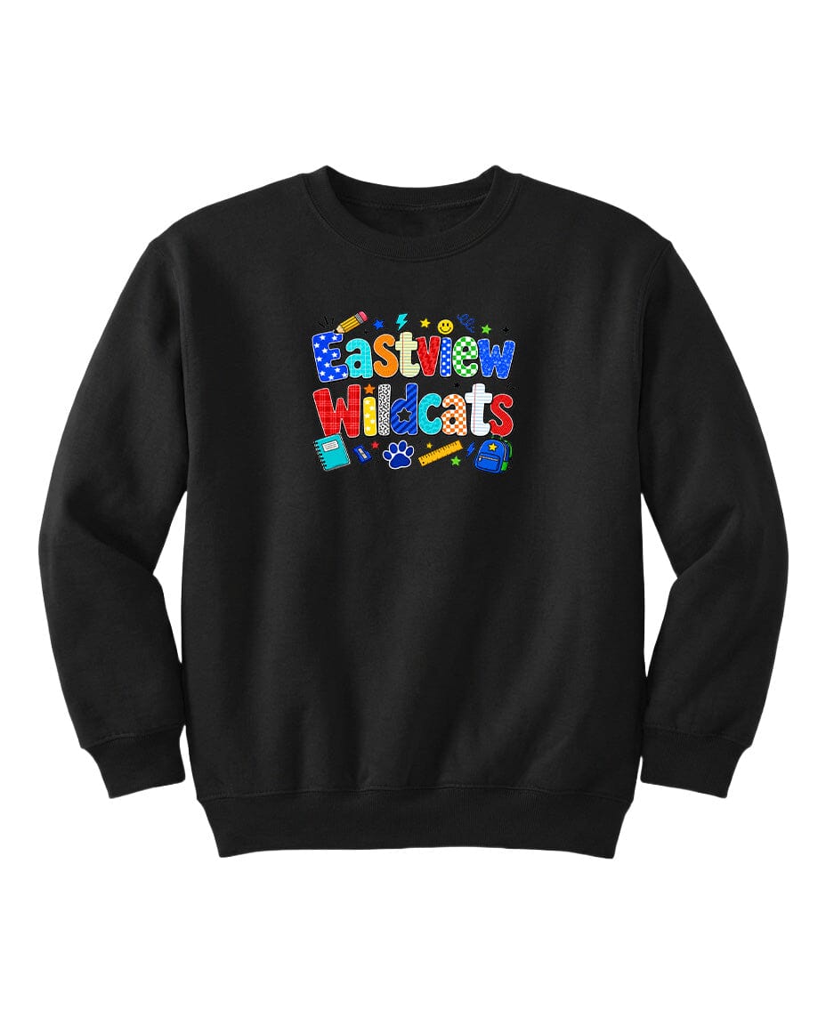 A black sweatshirt with a colorful graphic design featuring the text "Eastview Wildcats" and various school-related icons.