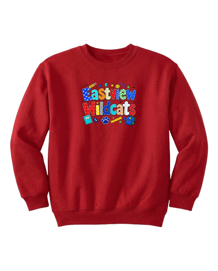 A red sweatshirt with the text "Eastview Wildcats" printed on it.