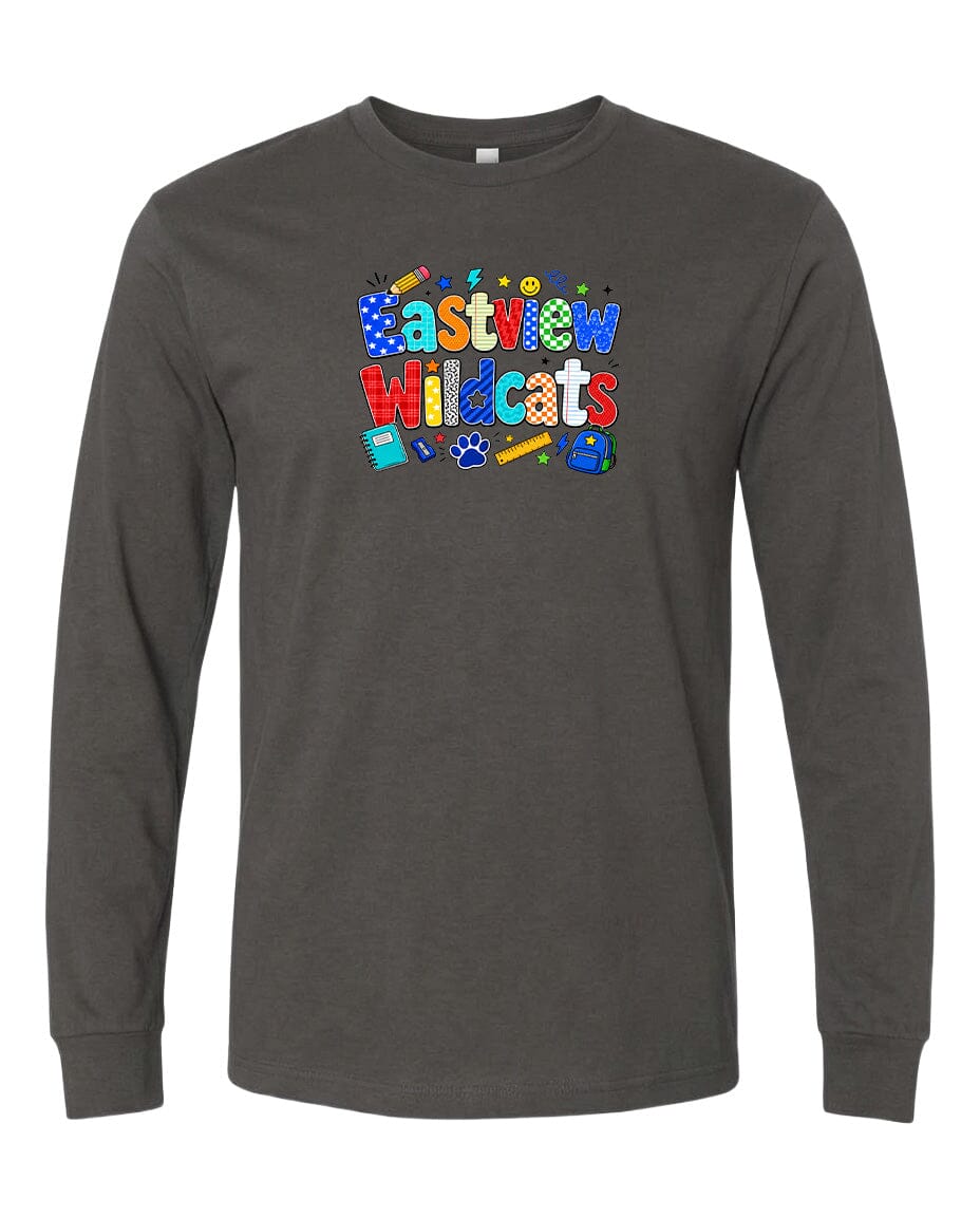 A gray long-sleeved t-shirt with a colorful graphic design featuring the text "Eastview Wildcats" and various school-related icons.