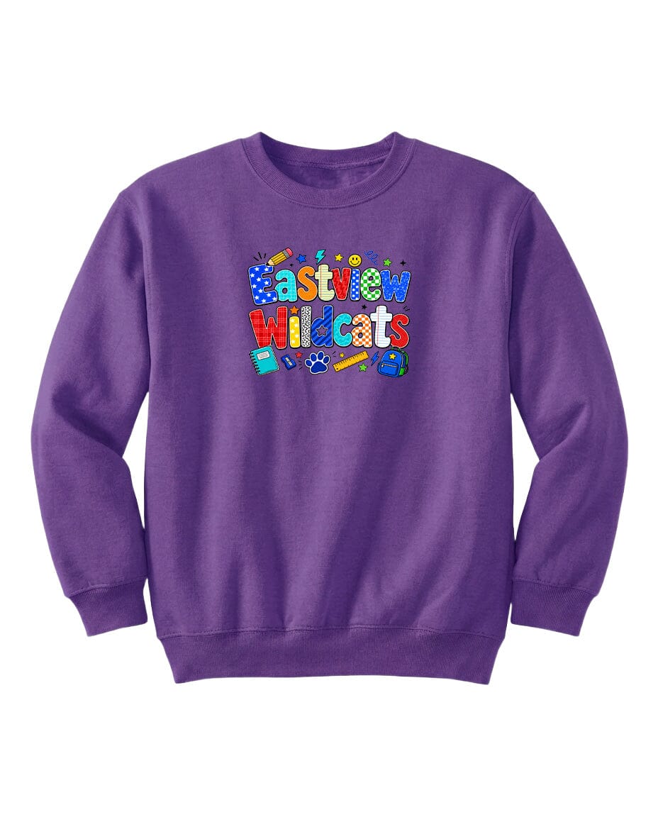 A purple sweatshirt with a colorful graphic design featuring the text "Eastview Wildcats" and various school-related icons.