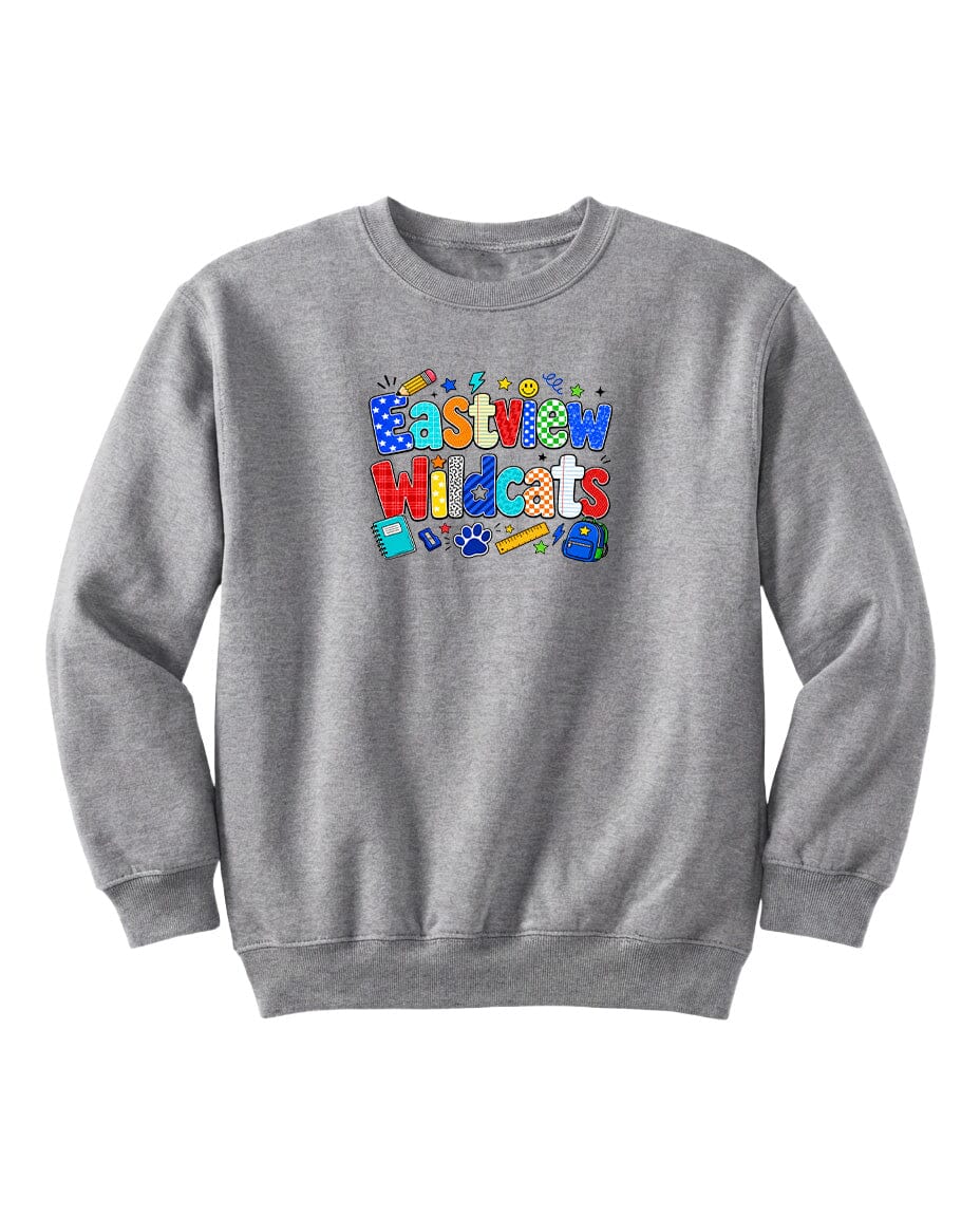 A gray sweatshirt with a colorful graphic design on the front.