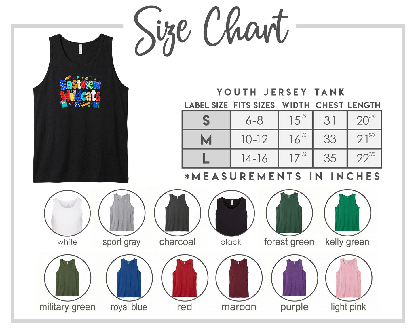 The image is a size chart for a youth jersey tank, displaying various color options and corresponding measurements in inches.