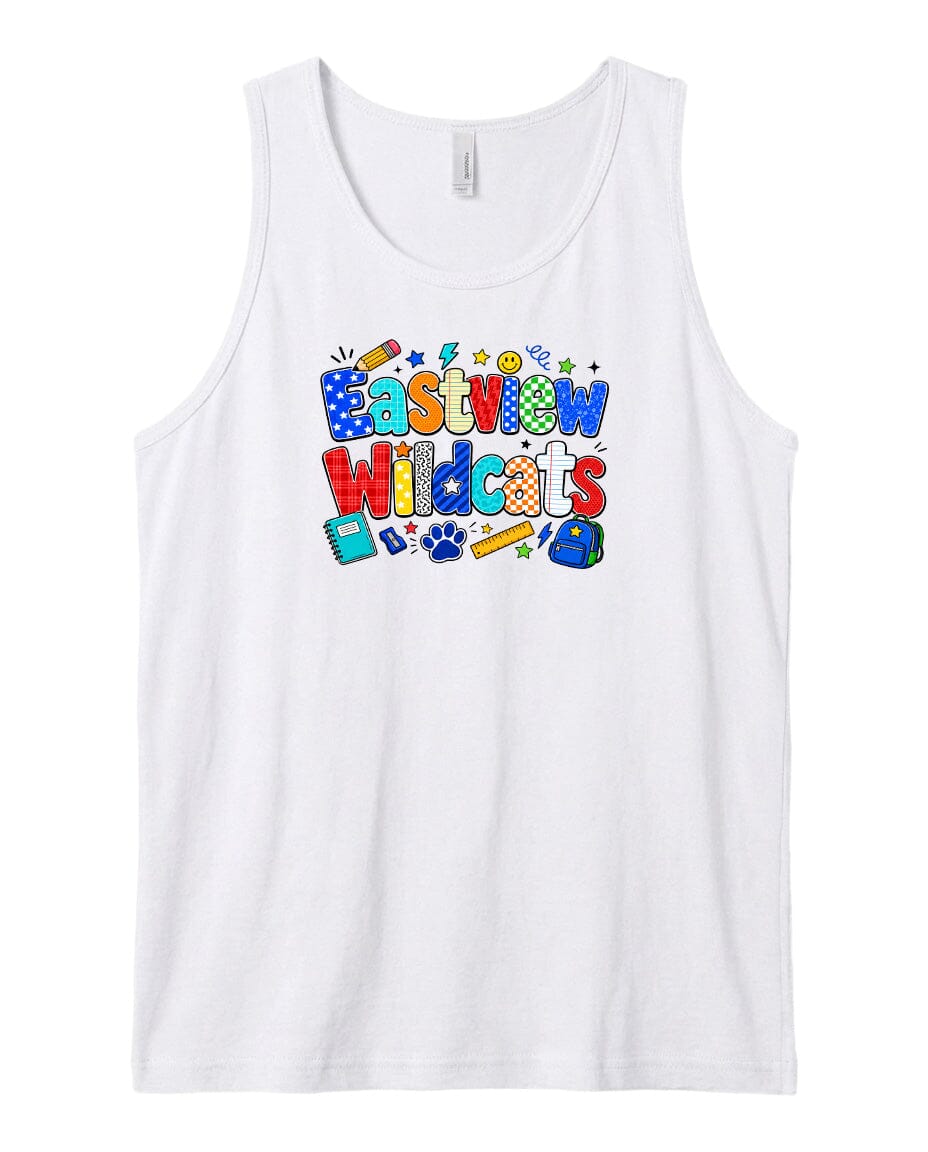 A white tank top with a colorful graphic design featuring the text "EASTVIEW WILDCATS" and various school-related icons.