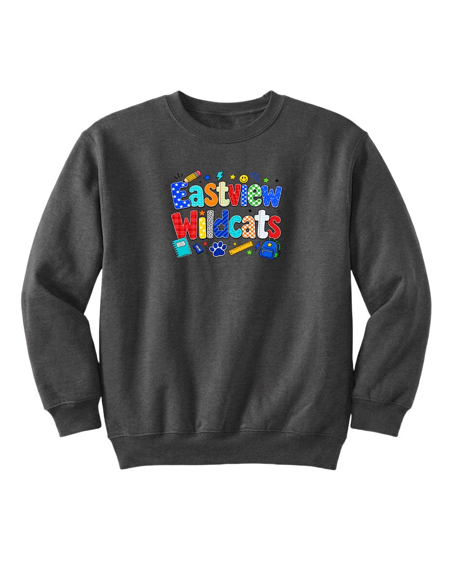A gray sweatshirt with a colorful graphic design featuring the text "Eastview Wildcats" and various school-related icons.