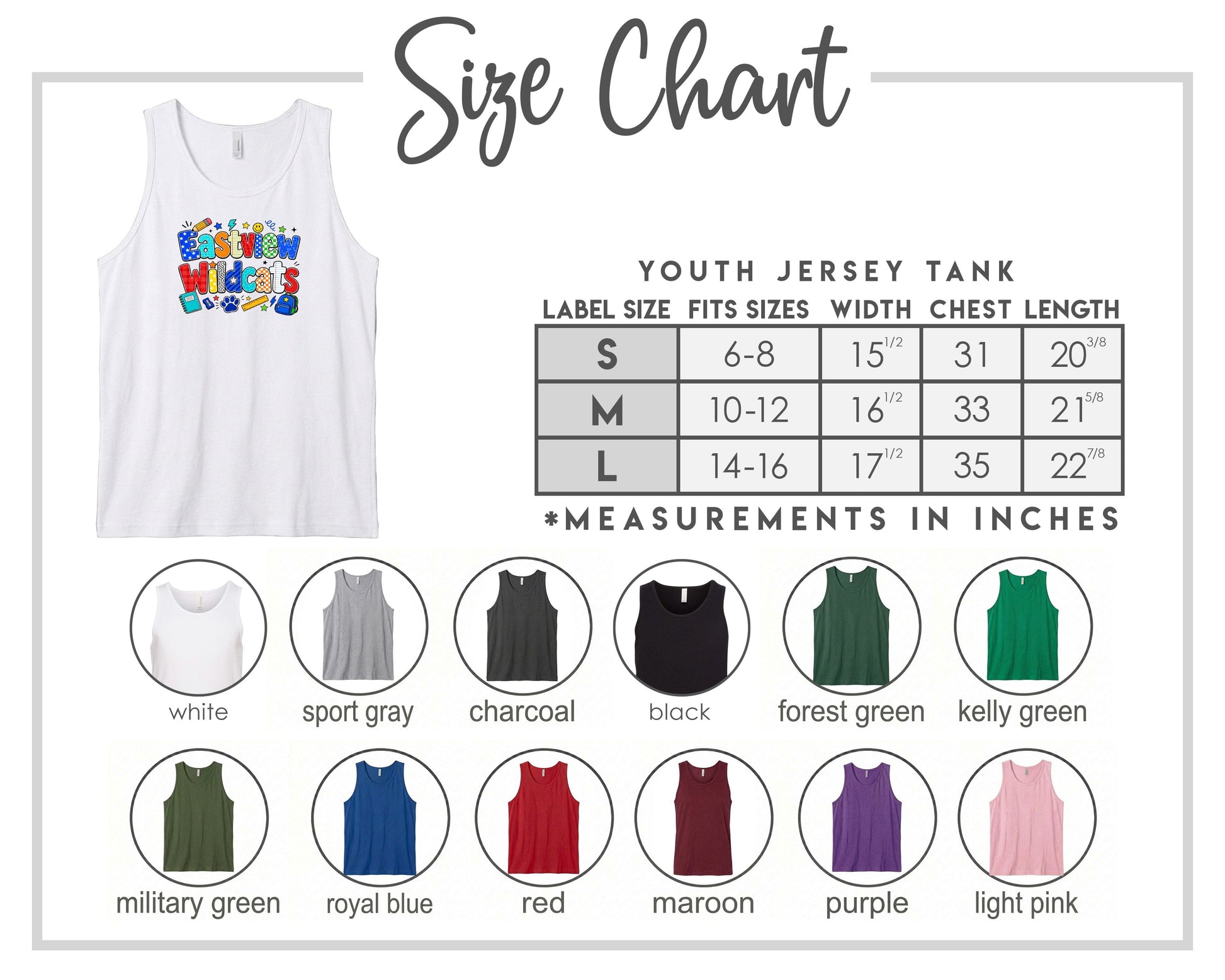 The image is a size chart for a youth jersey tank, displaying various color options and corresponding measurements in inches.