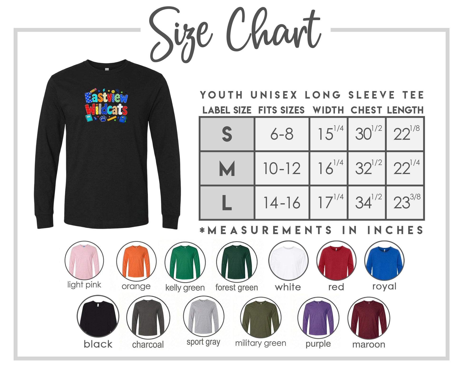 The image is a size chart for a youth unisex long sleeve tee, including various color options and corresponding measurements.