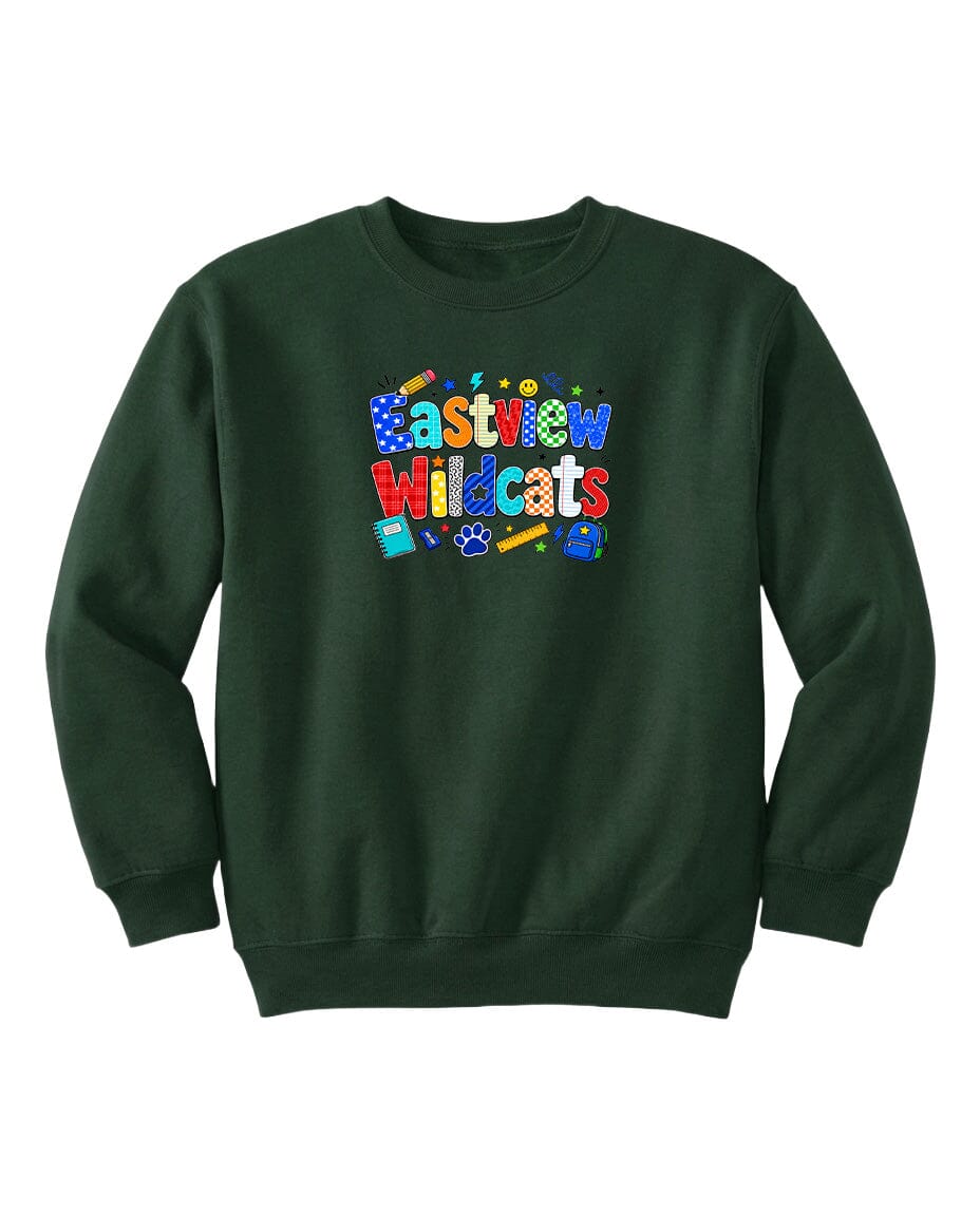 A dark green sweatshirt with a colorful graphic design on the front.