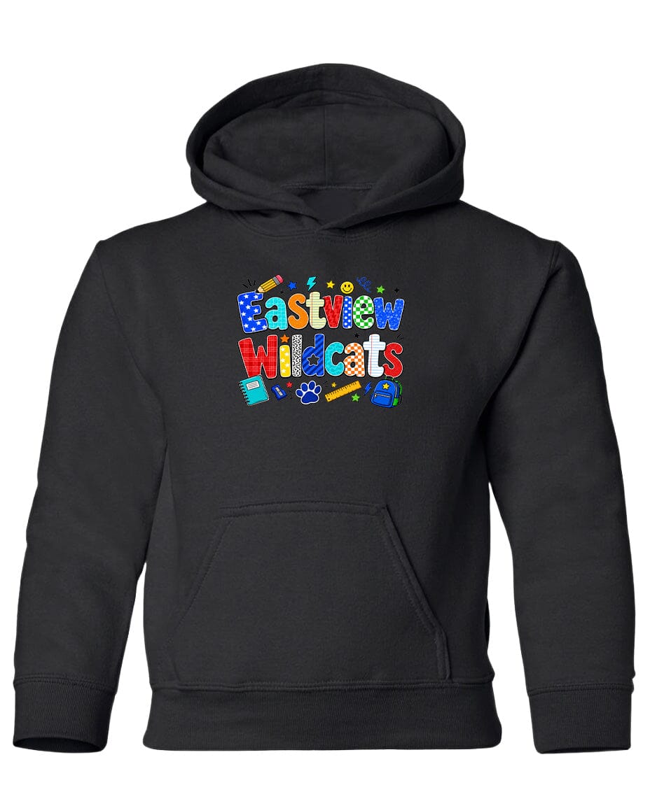 A black hoodie with a colorful graphic design on the front, featuring the text "Eastview Wildcats" and various school-related icons.