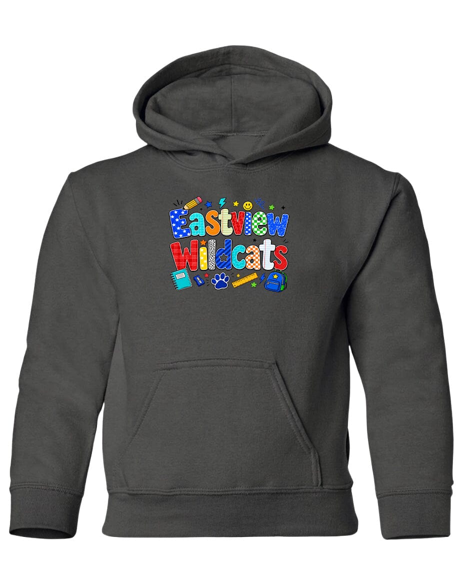 A gray hoodie with a colorful graphic design featuring the text "Eastview Wildcats" and various school-related icons.