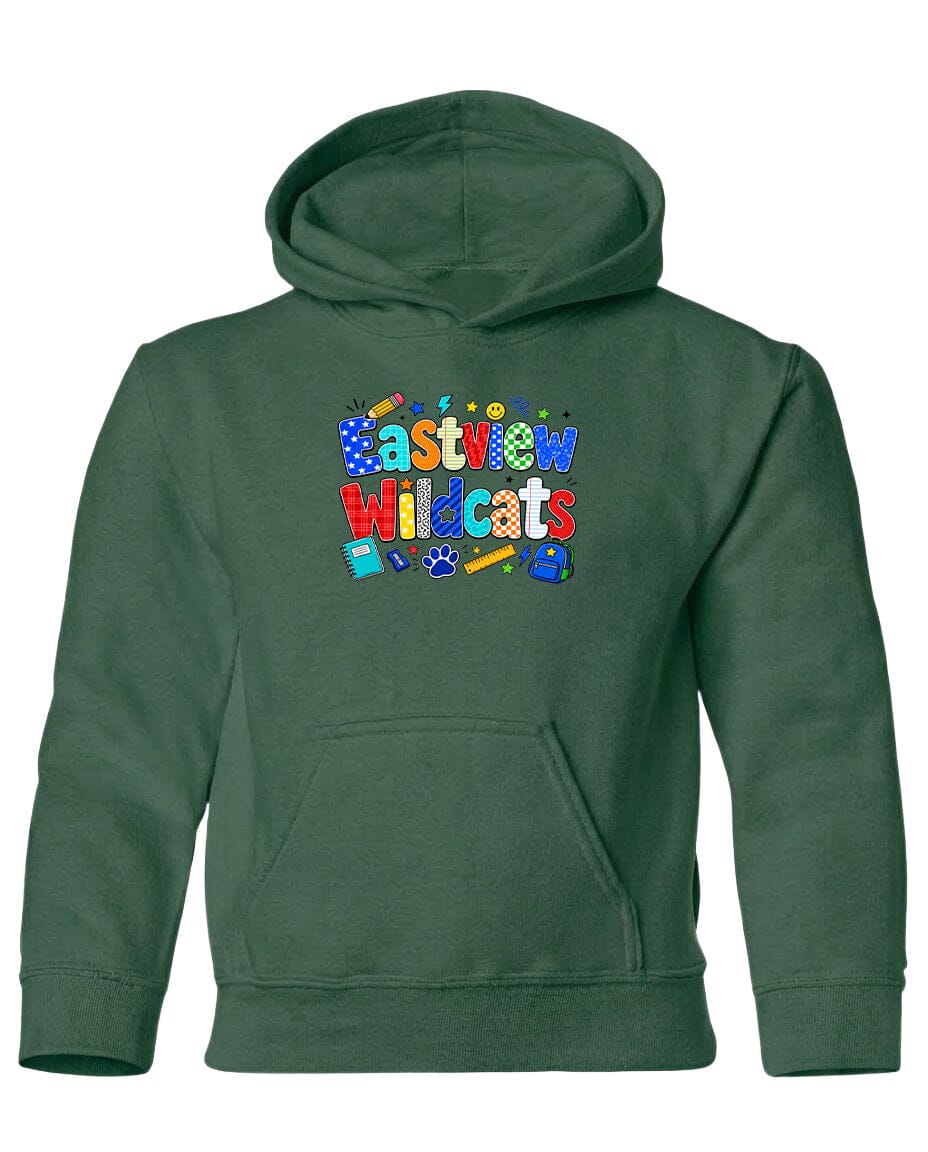 A green hoodie with a colorful graphic design featuring the text "Eastview Wildcats" and various school-related icons.