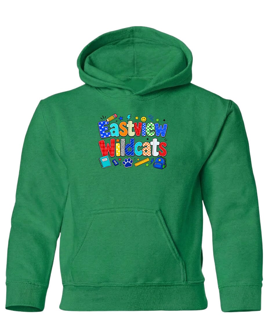 A bright green hoodie with a colorful graphic design on the front.