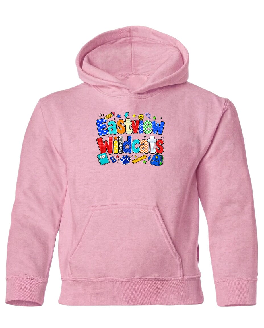 A pink hoodie with a colorful graphic design on the front, featuring the text "Eastway Wildcats" in a playful font.