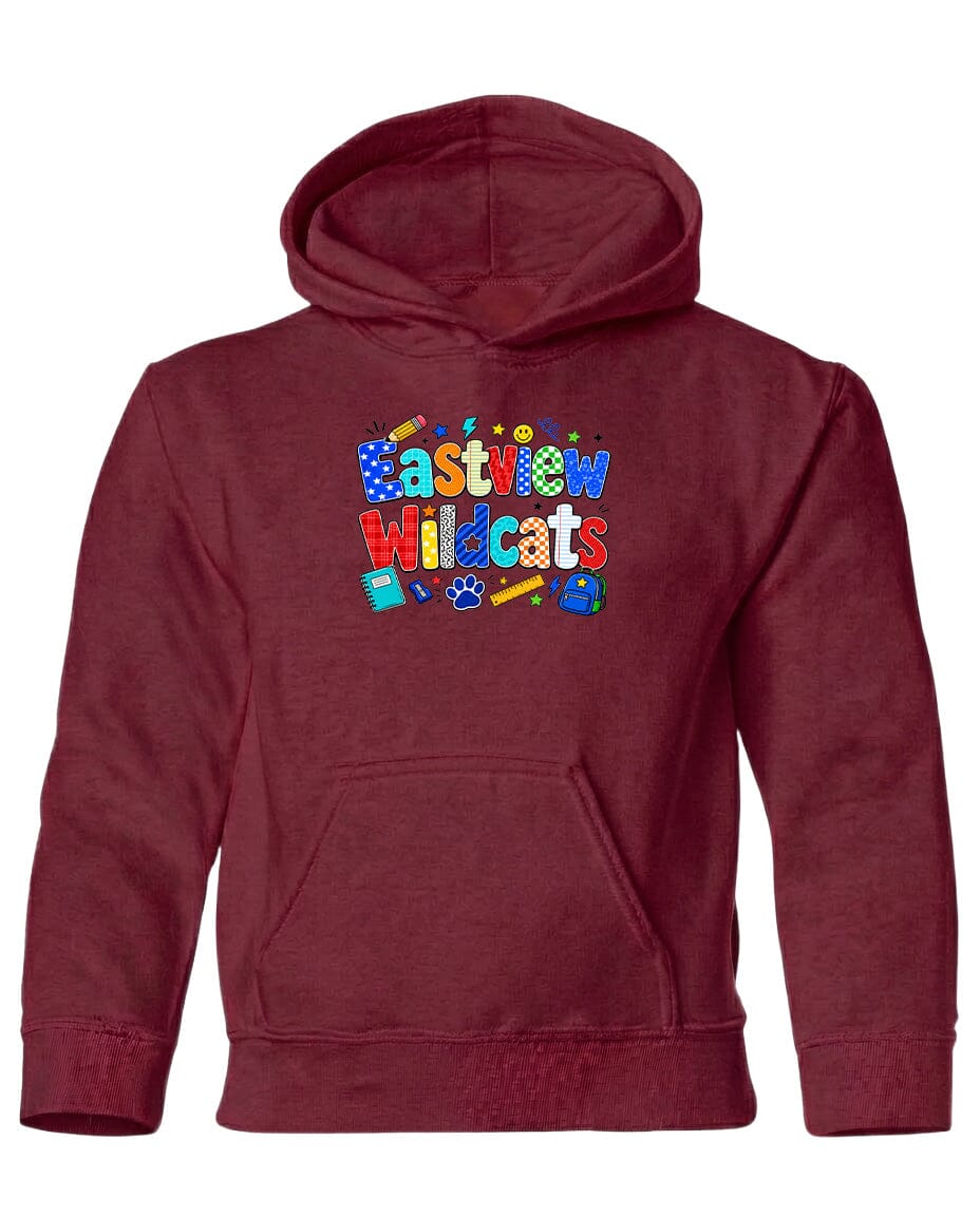 A burgundy-colored hoodie with a colorful graphic design on the front, featuring the text "Eastview Wildcats" and various school-related icons.