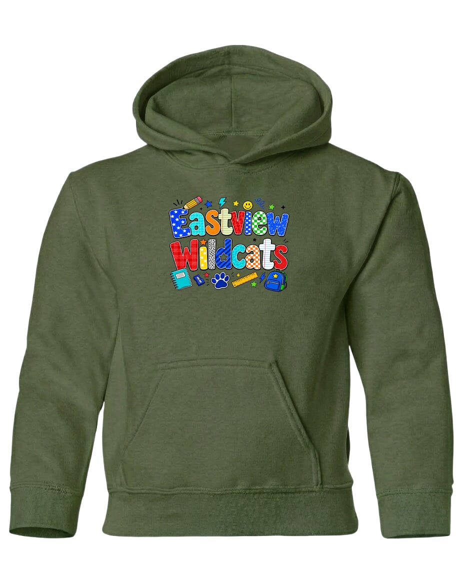 A green hoodie with a colorful graphic design featuring the text "Eastview Wildcats" and various school-related icons.