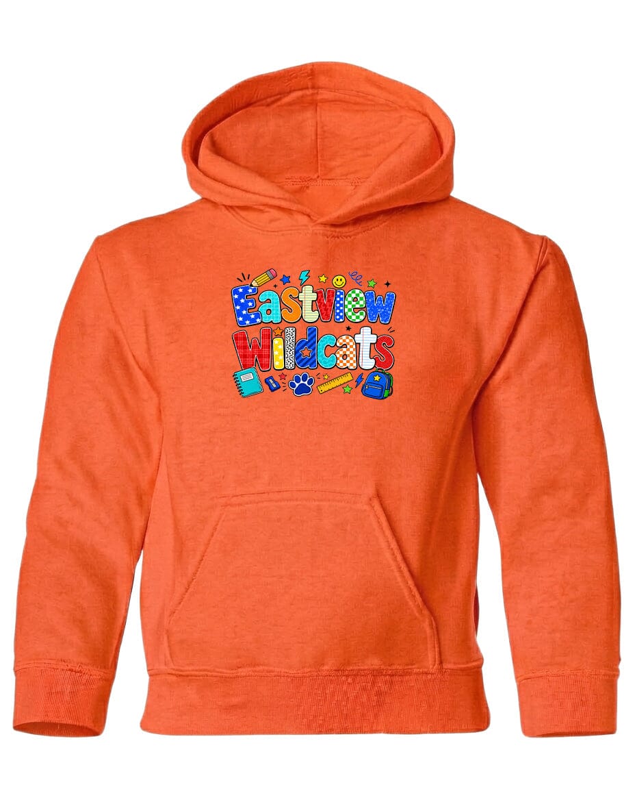 An orange hoodie with a colorful graphic design on the front, featuring the text "Eastview Wildcats" in a playful font.