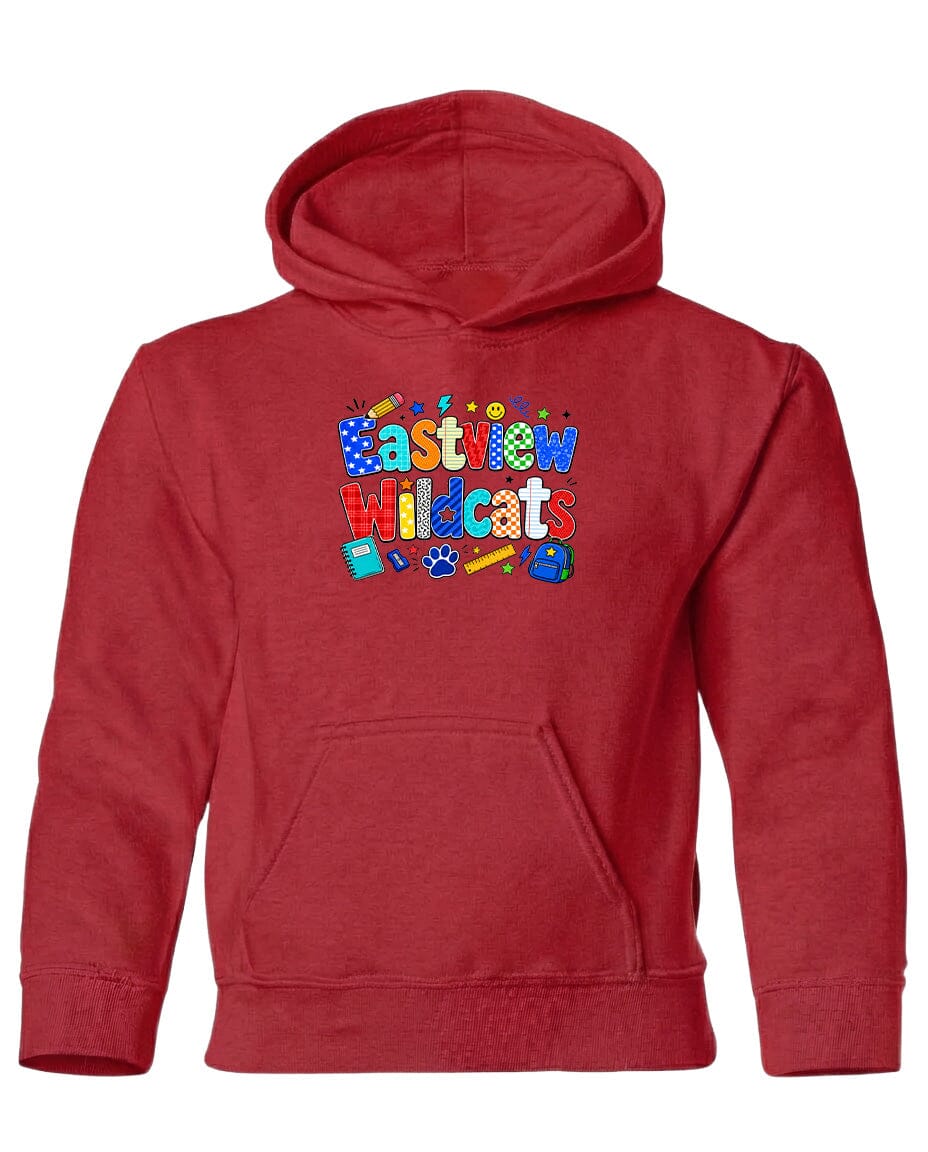 A red hoodie with a colorful graphic design featuring the text "Eastview Wildcats" and various school-related icons.