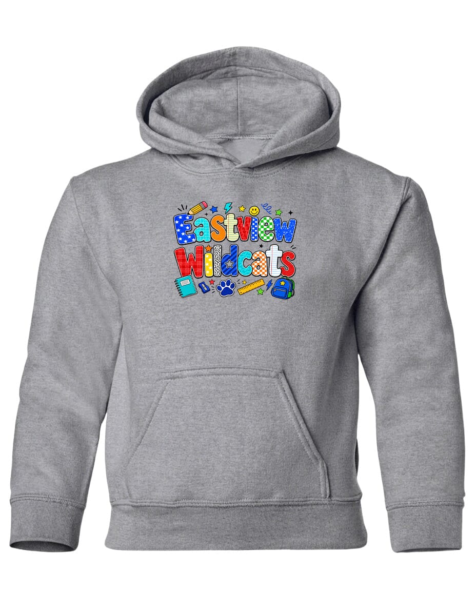 A gray hoodie with a colorful graphic design featuring the text "Eastway Wildcats" and various school-related icons.