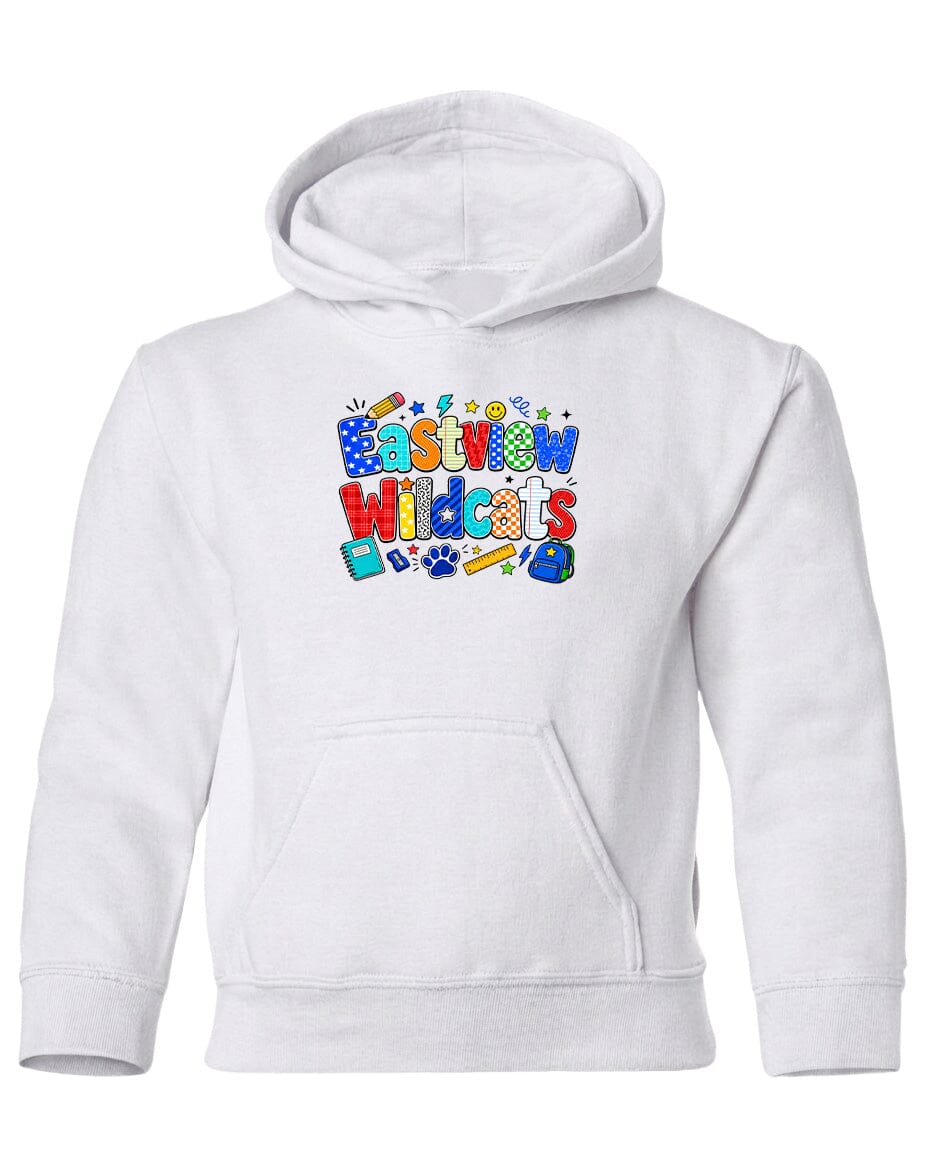 A white hoodie with a colorful graphic design on the front.