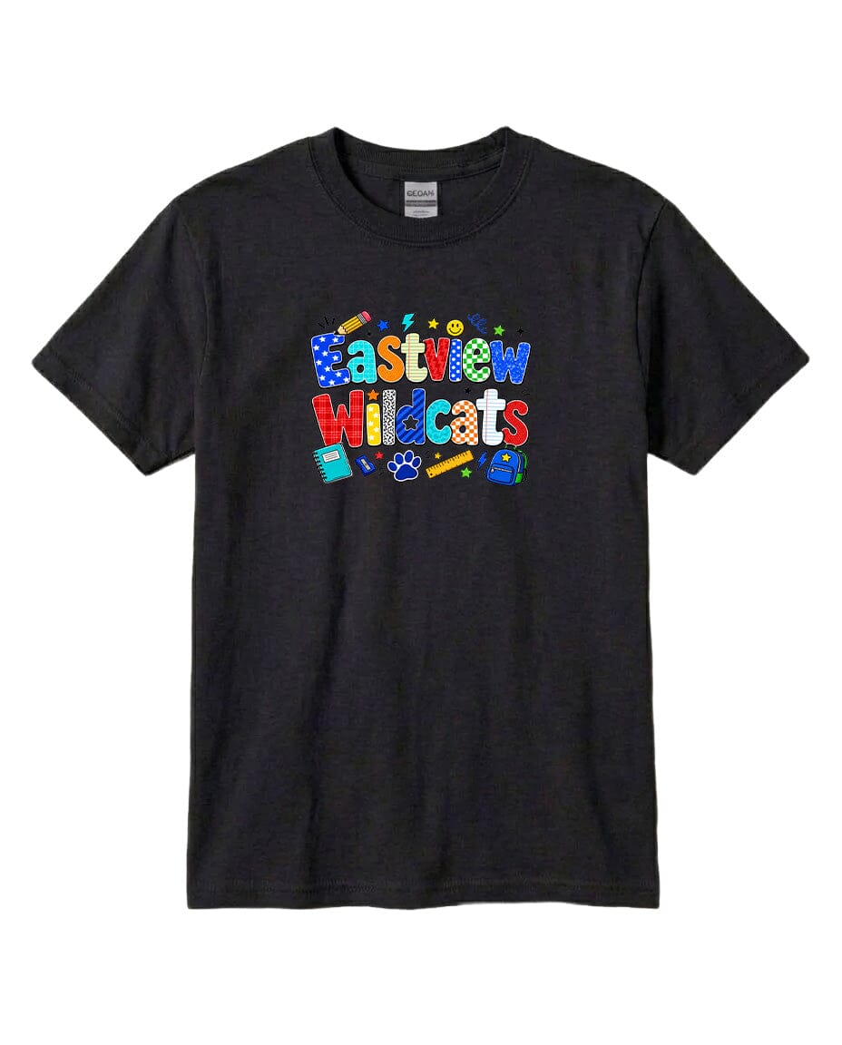 A black t-shirt with a colorful graphic design featuring the text "Eastview Wildcats" and various school-related icons.