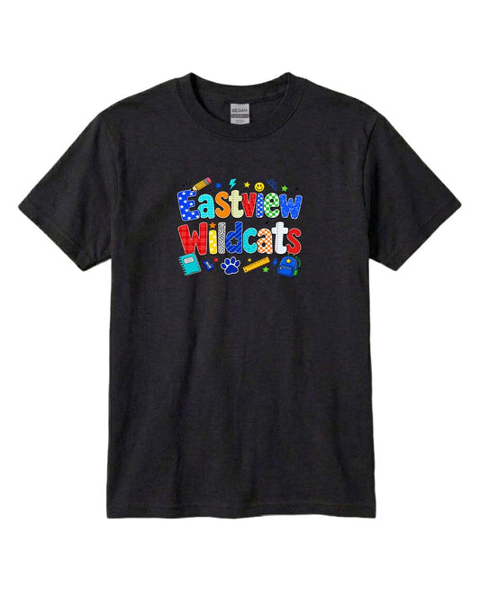 A black t-shirt with a colorful graphic design featuring the text "Eastview Wildcats" and various school-related icons.