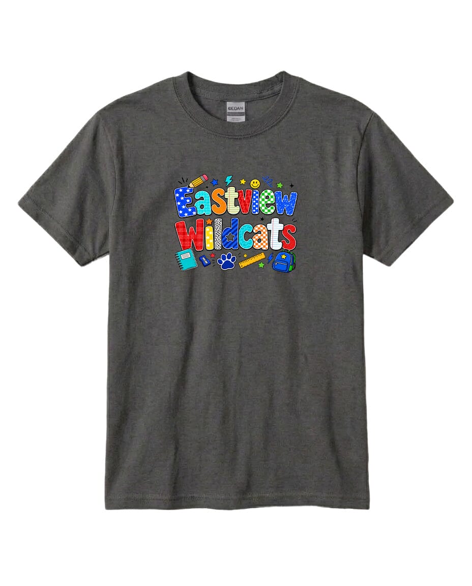 A gray t-shirt with a colorful graphic design featuring the text "Eastview Wildcats" and various school-related icons.