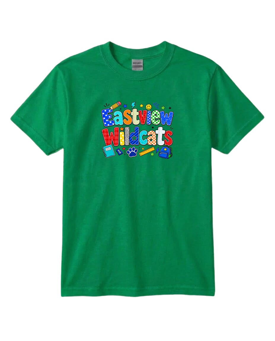 A green t-shirt with a colorful graphic design featuring the text "Eastview Wildcats" and various school-related icons.