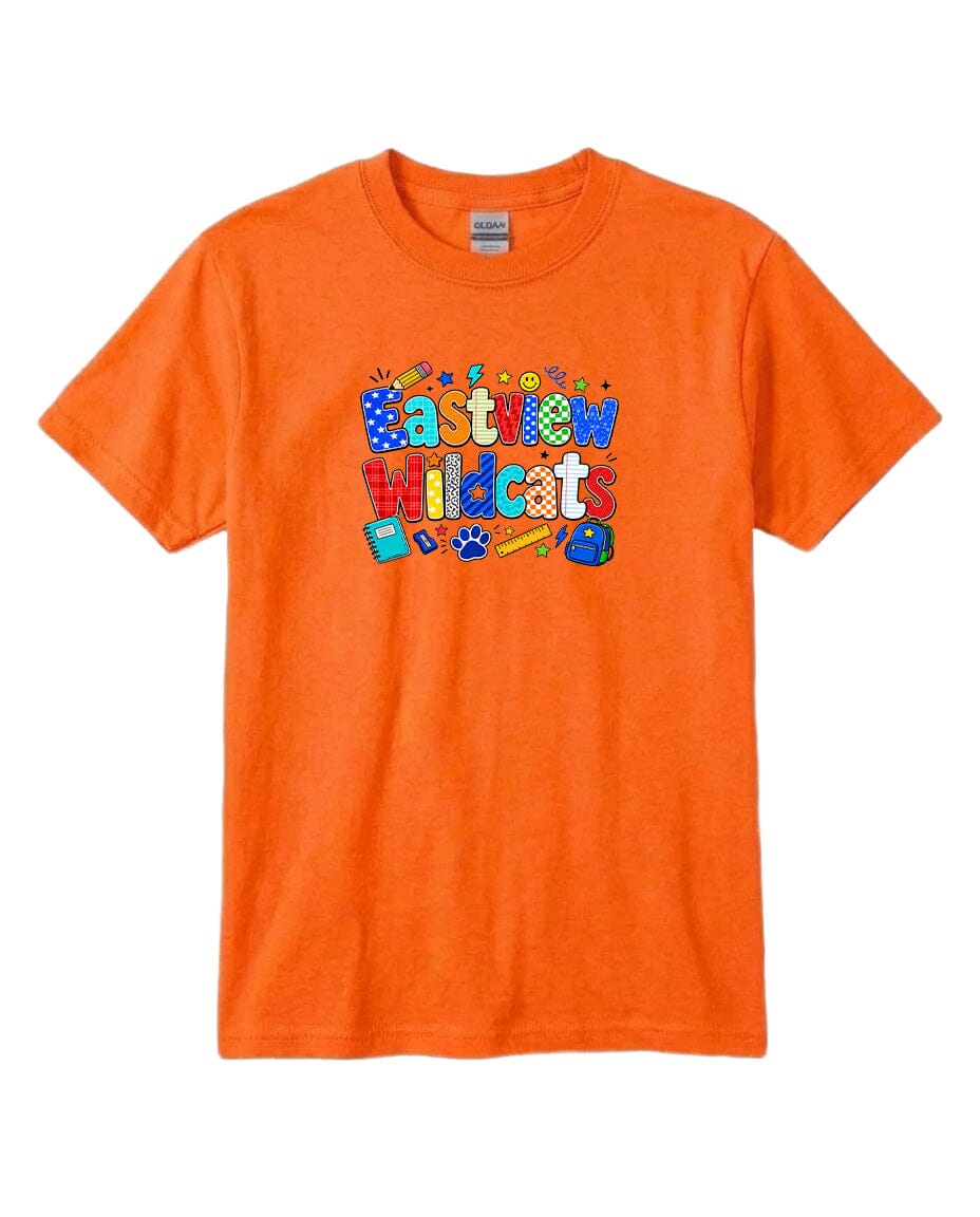 An orange t-shirt with a colorful graphic design featuring the text "Eastview Wildcats" in a playful font.