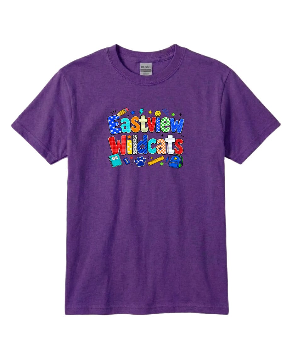 A purple t-shirt with a colorful graphic design featuring the text "Eastview Wildcats" and various school-related icons.