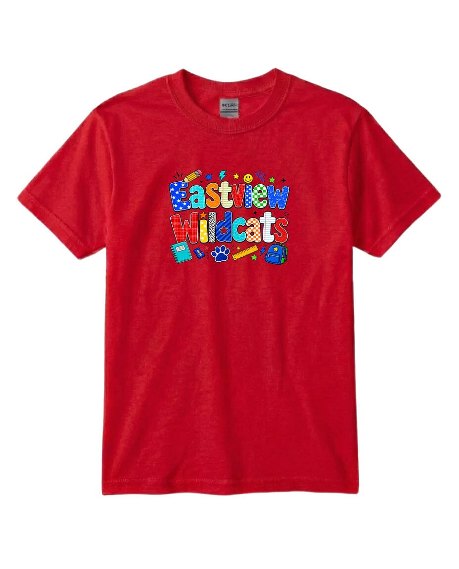 A red t-shirt with a colorful graphic design featuring the text "Eastview Wildcats" and various school-related icons.