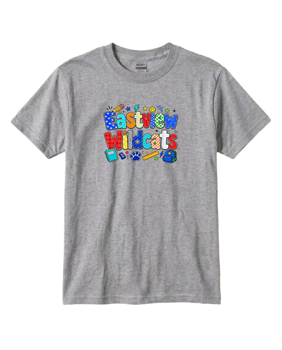 A gray t-shirt with a colorful graphic design featuring the text "Eastview Wildcats" and various school-related icons.