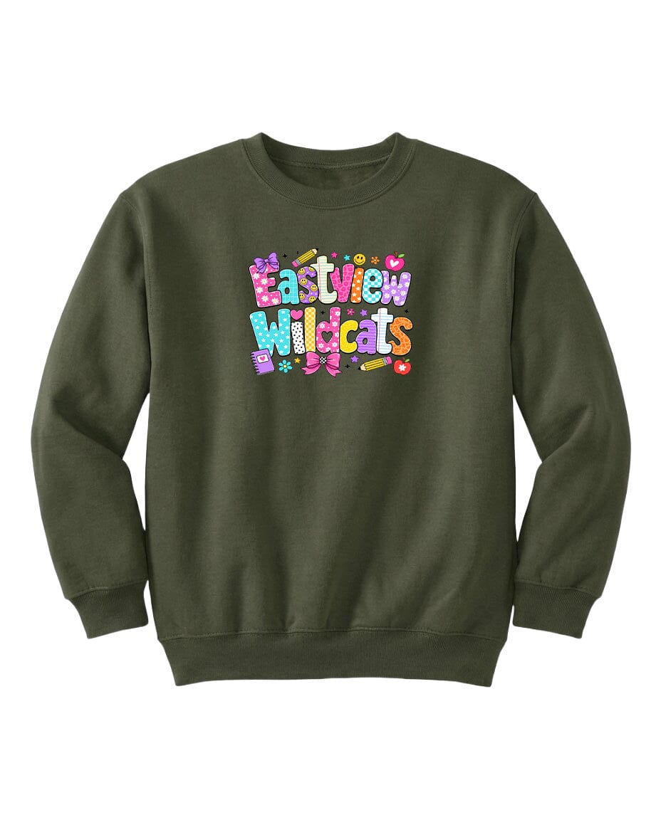 A dark green sweatshirt with a colorful graphic design on the front.