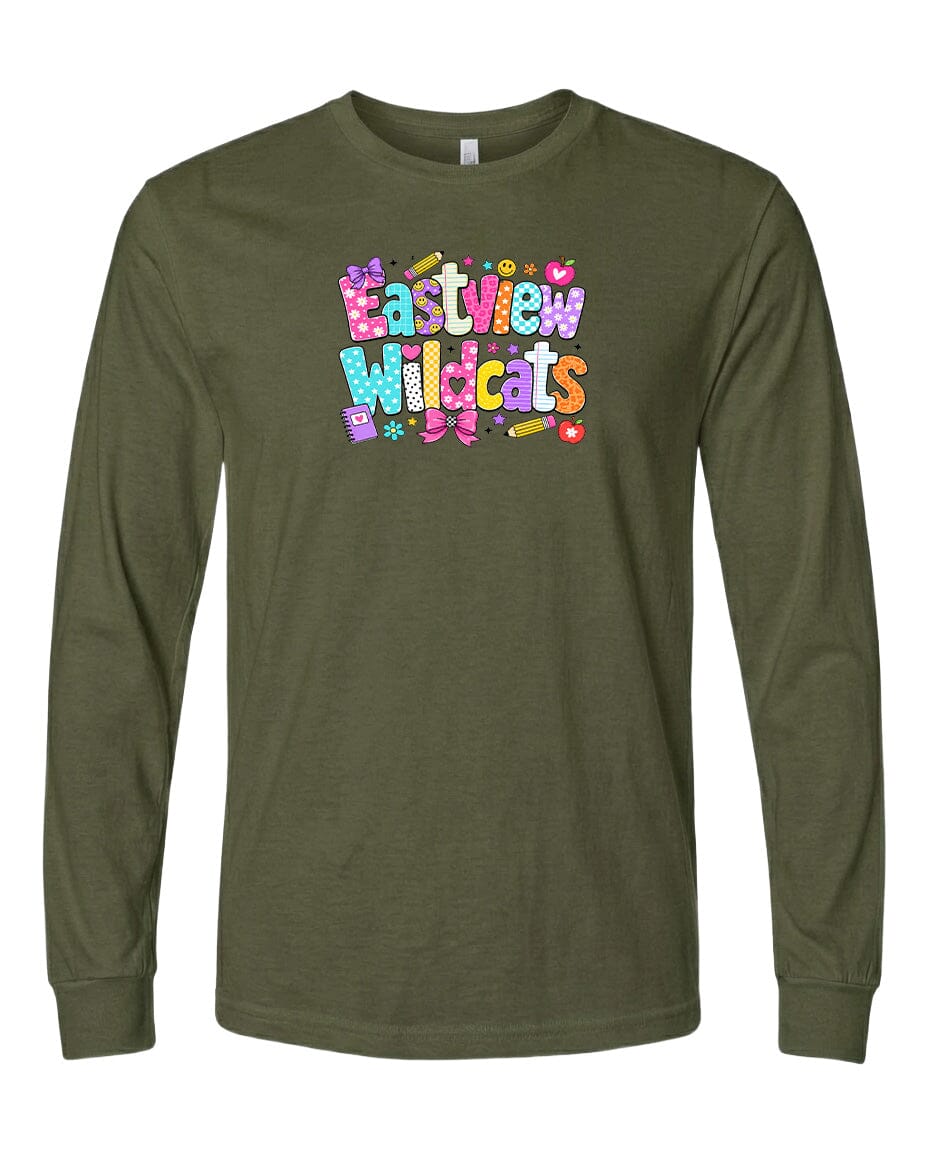 A long-sleeved olive green t-shirt with a colorful graphic design featuring the text "Eastview Wildcats" in a playful font.