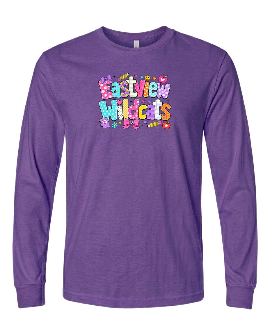 A purple long-sleeved t-shirt with a colorful graphic design featuring the text "Eastview Wildcats" in a playful font.