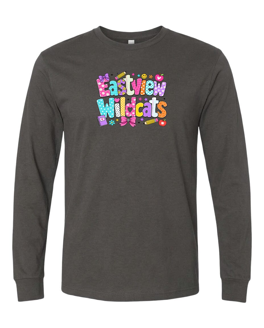 A long-sleeved gray t-shirt with a colorful graphic design featuring the text "Eastview Wildcats" in a playful font.