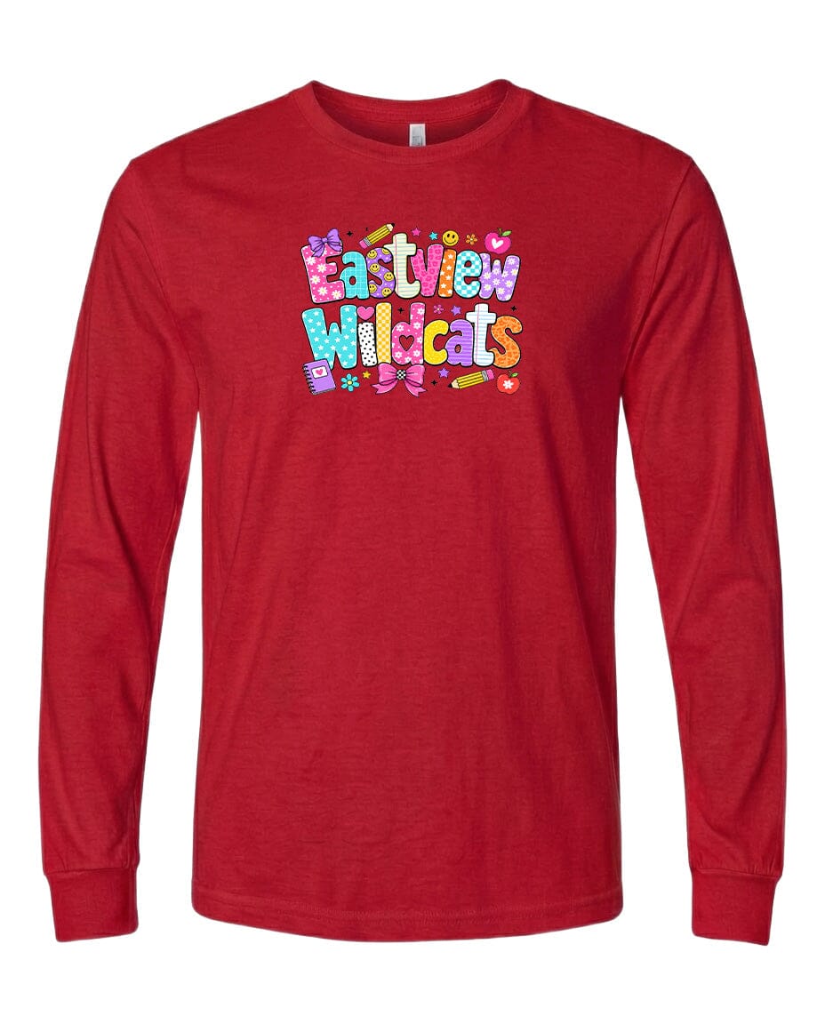 A red long-sleeved t-shirt with a colorful graphic design featuring the text "Eastview Wildcats" in a playful font.