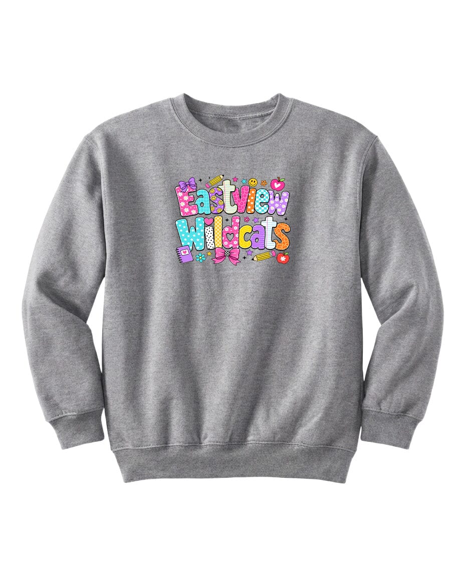 A gray sweatshirt with a colorful graphic design featuring the text "Eastview Wildcats" in a playful, cartoon-like font.