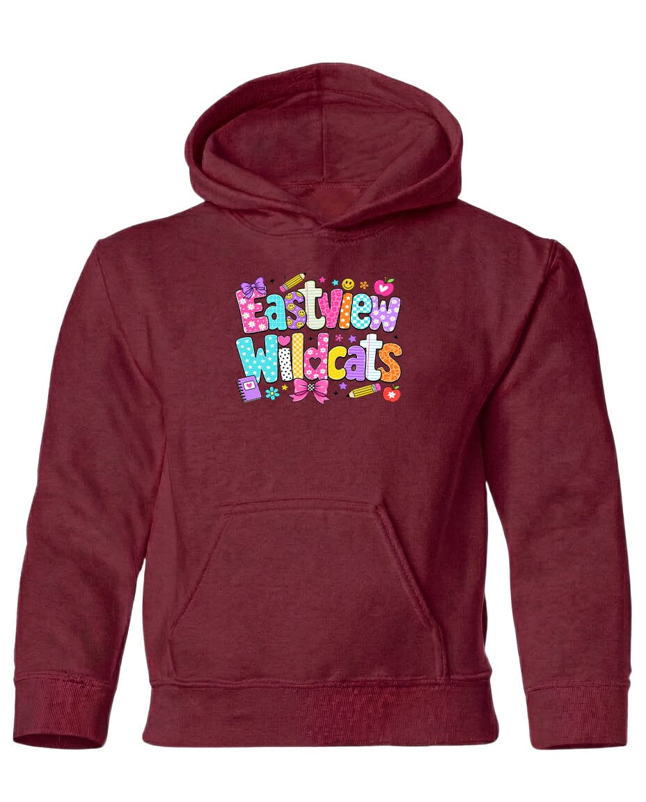 A burgundy-colored hoodie with a colorful graphic design on the front, featuring the text "Eastview Wildcats" in a playful font.