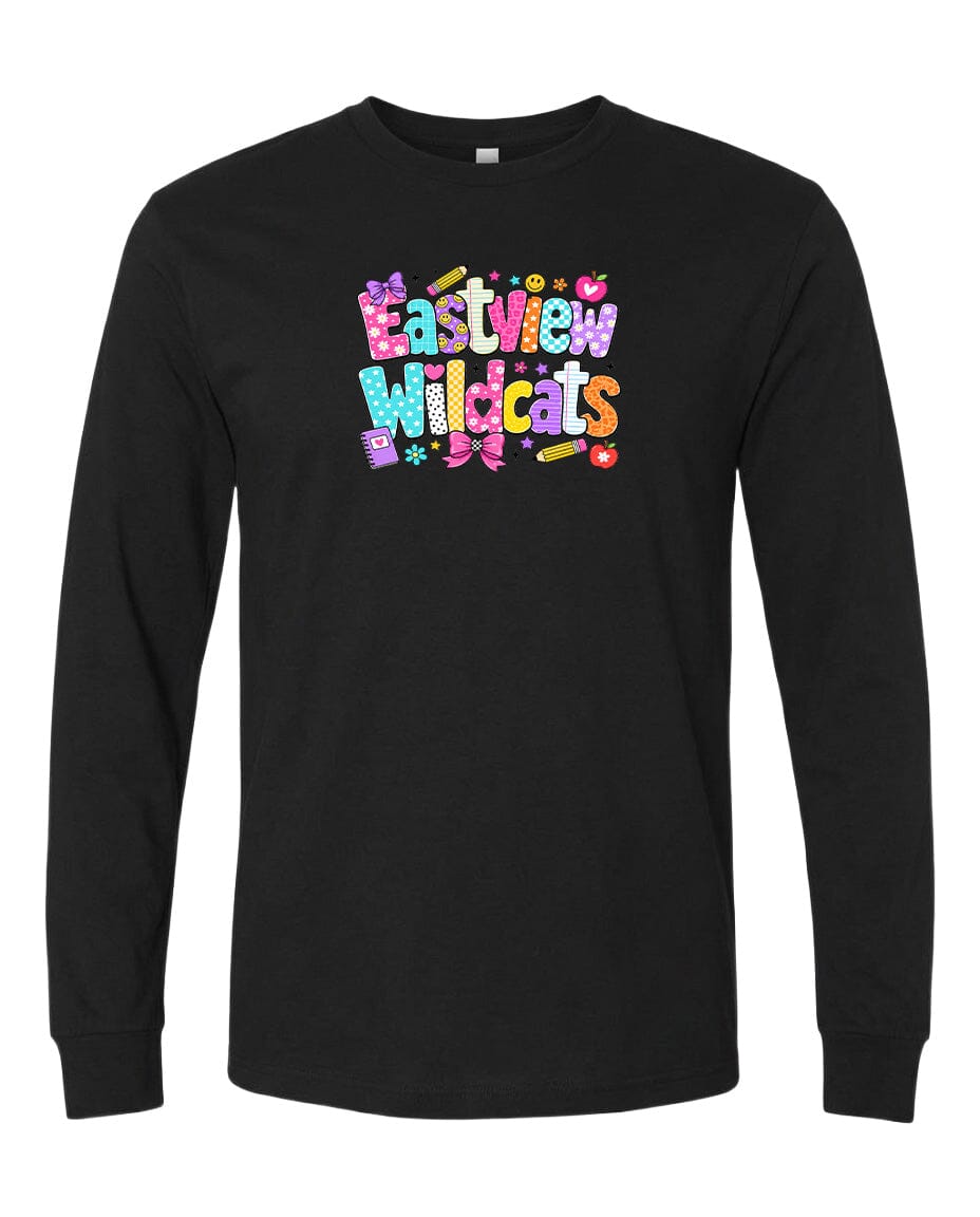 A black long-sleeved t-shirt with a colorful graphic design featuring the text "Eastview Wildcats" in a playful font.