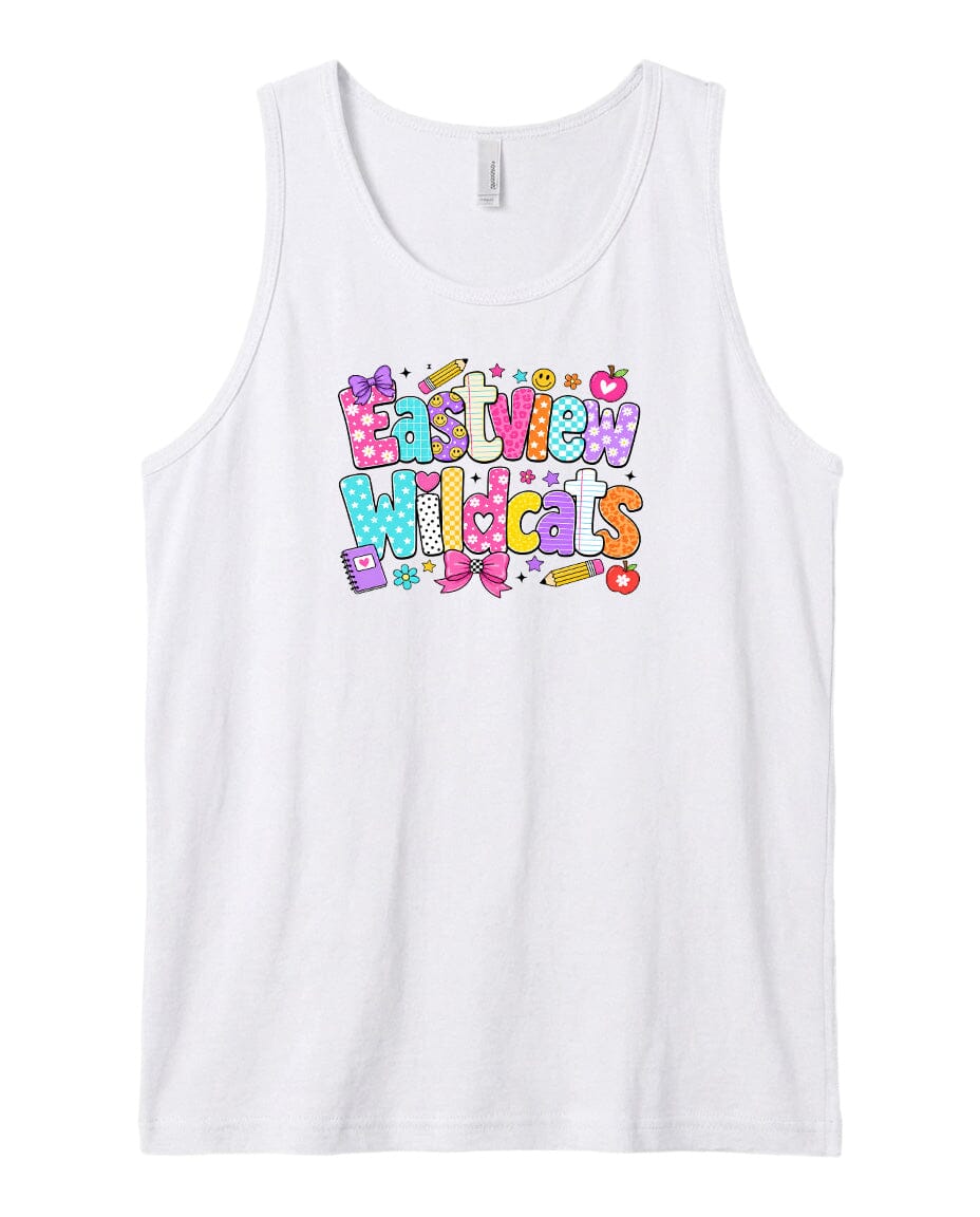 A white tank top with a colorful graphic design featuring the text "Eastview Wildcats" in a playful, cartoon-like font.