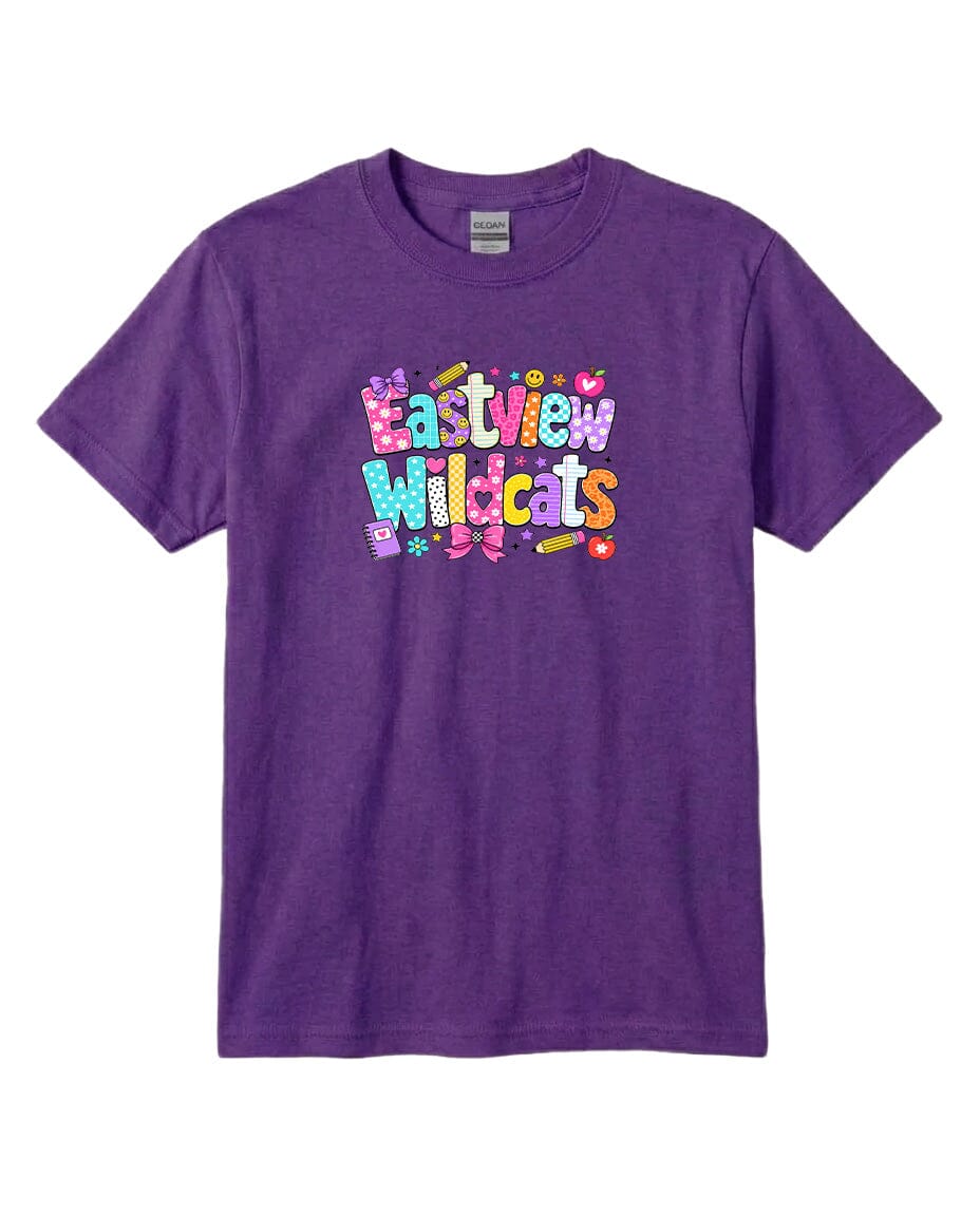 A purple t-shirt with the text "Eastview Wildcats" printed on it.