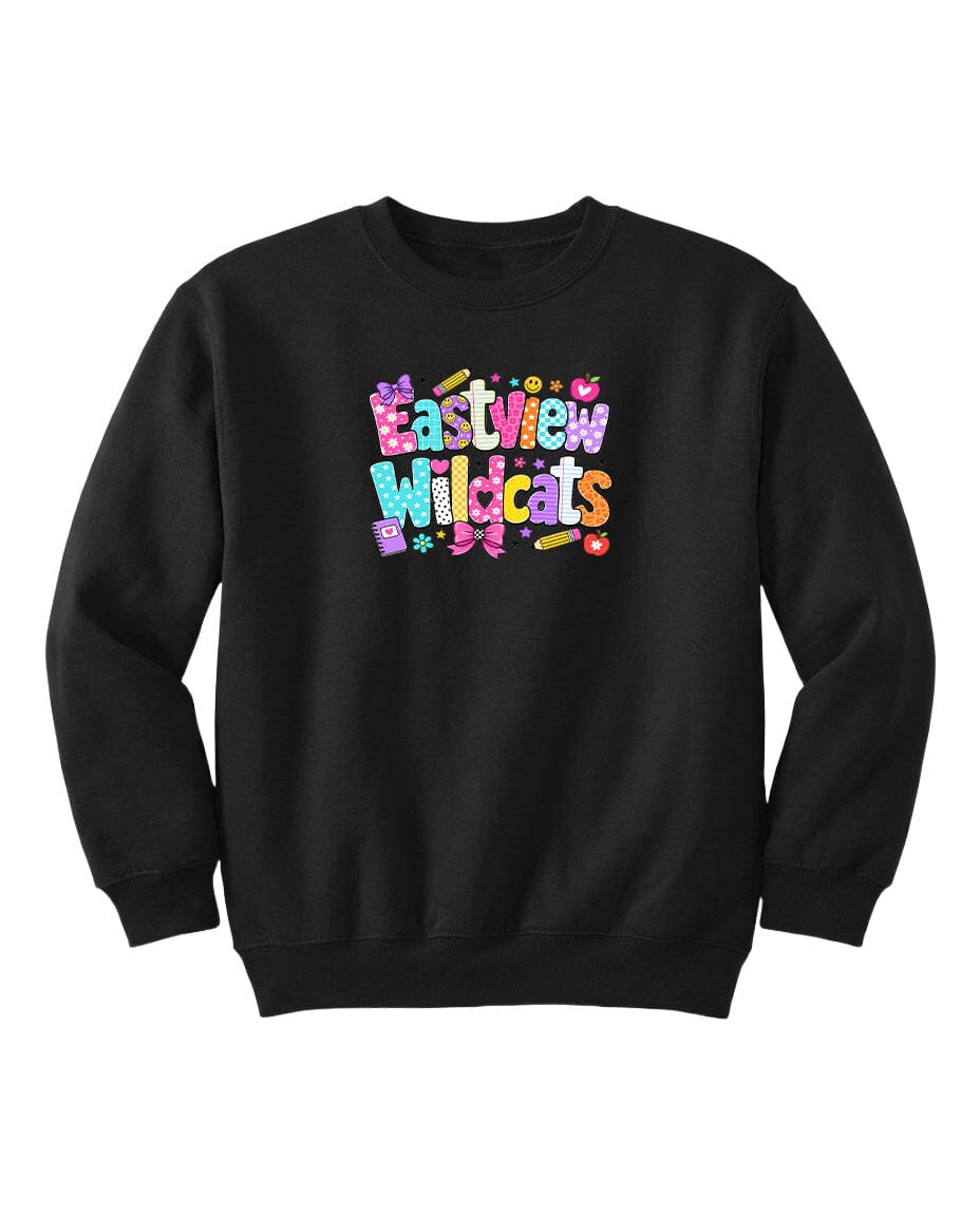 A black sweatshirt with a colorful graphic design featuring the text "Eastview Wildcats" in a playful, cartoon-like font.
