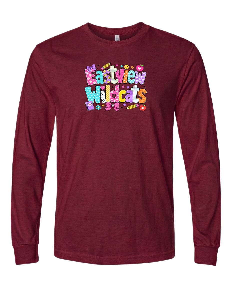 A burgundy long-sleeved t-shirt with a colorful graphic design featuring the text "Eastview Wildcats" in a playful font.