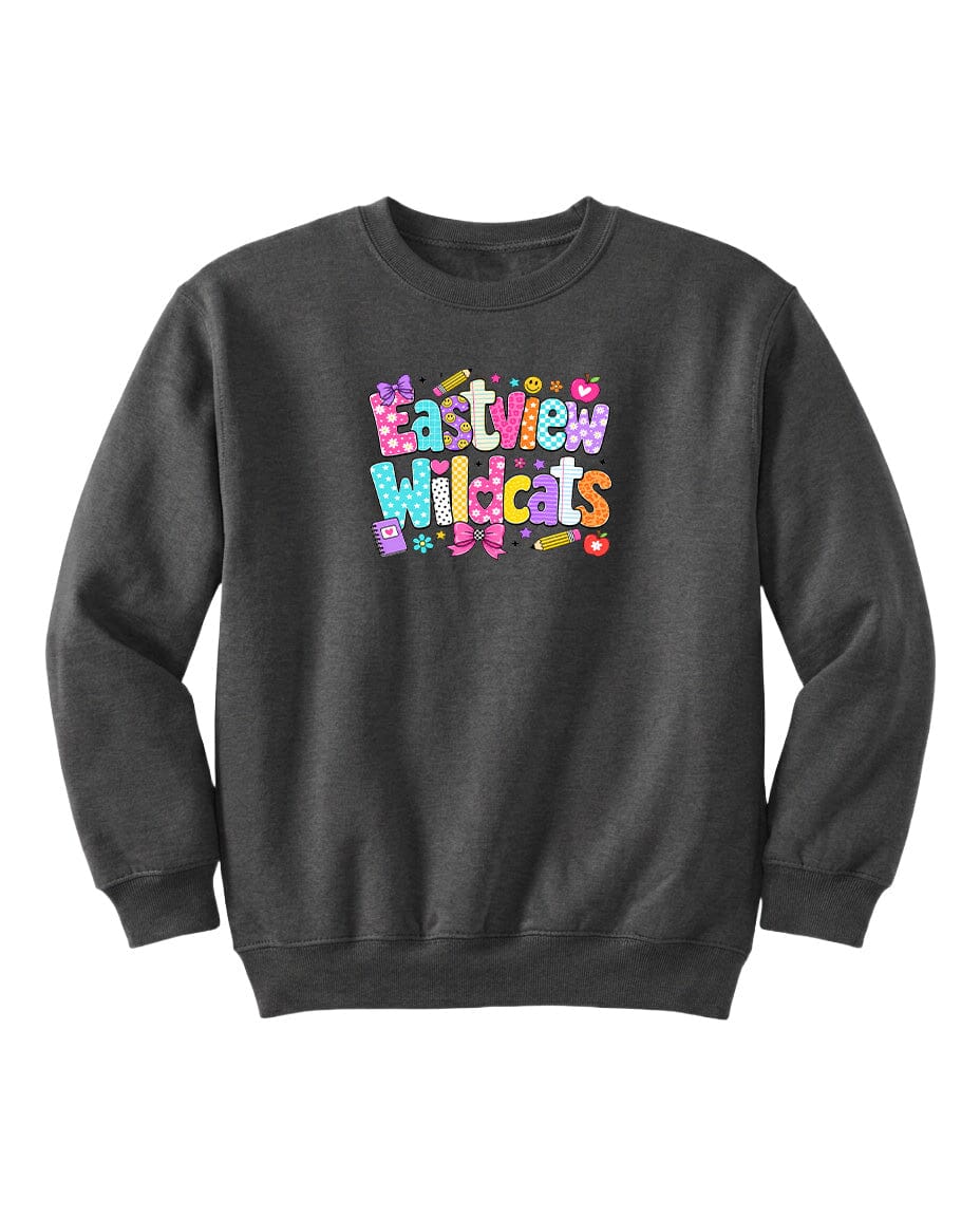 A gray sweatshirt with a colorful graphic design featuring the text "Eastview Wildcats" in a playful font.