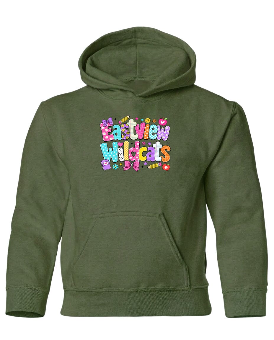 A green hoodie with a colorful graphic design on the front, featuring the text "Eastview Wildcats" in a playful, cartoon-like font.