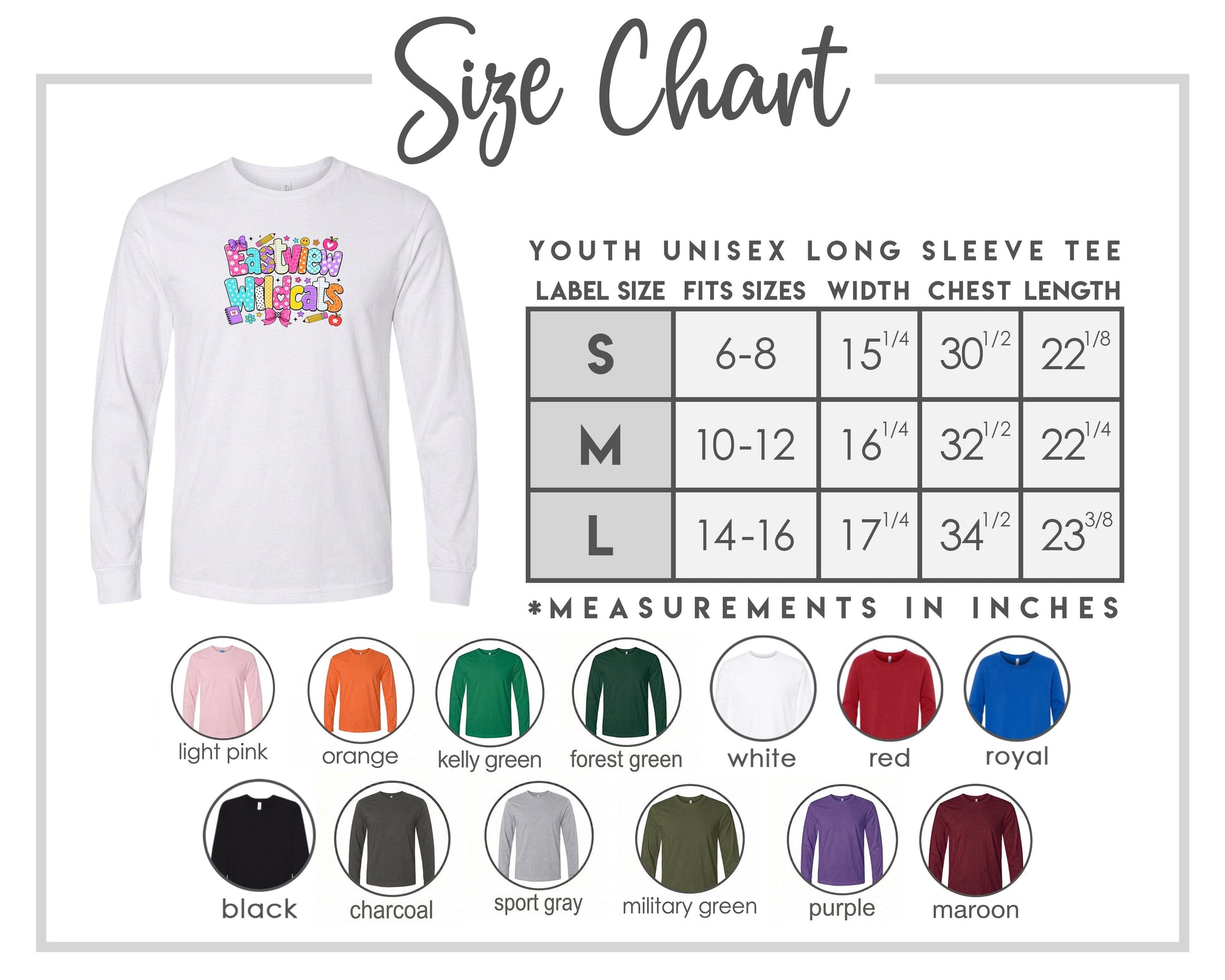 The image is a size chart for a youth unisex long sleeve tee, providing measurements for different age groups and sleeve length.