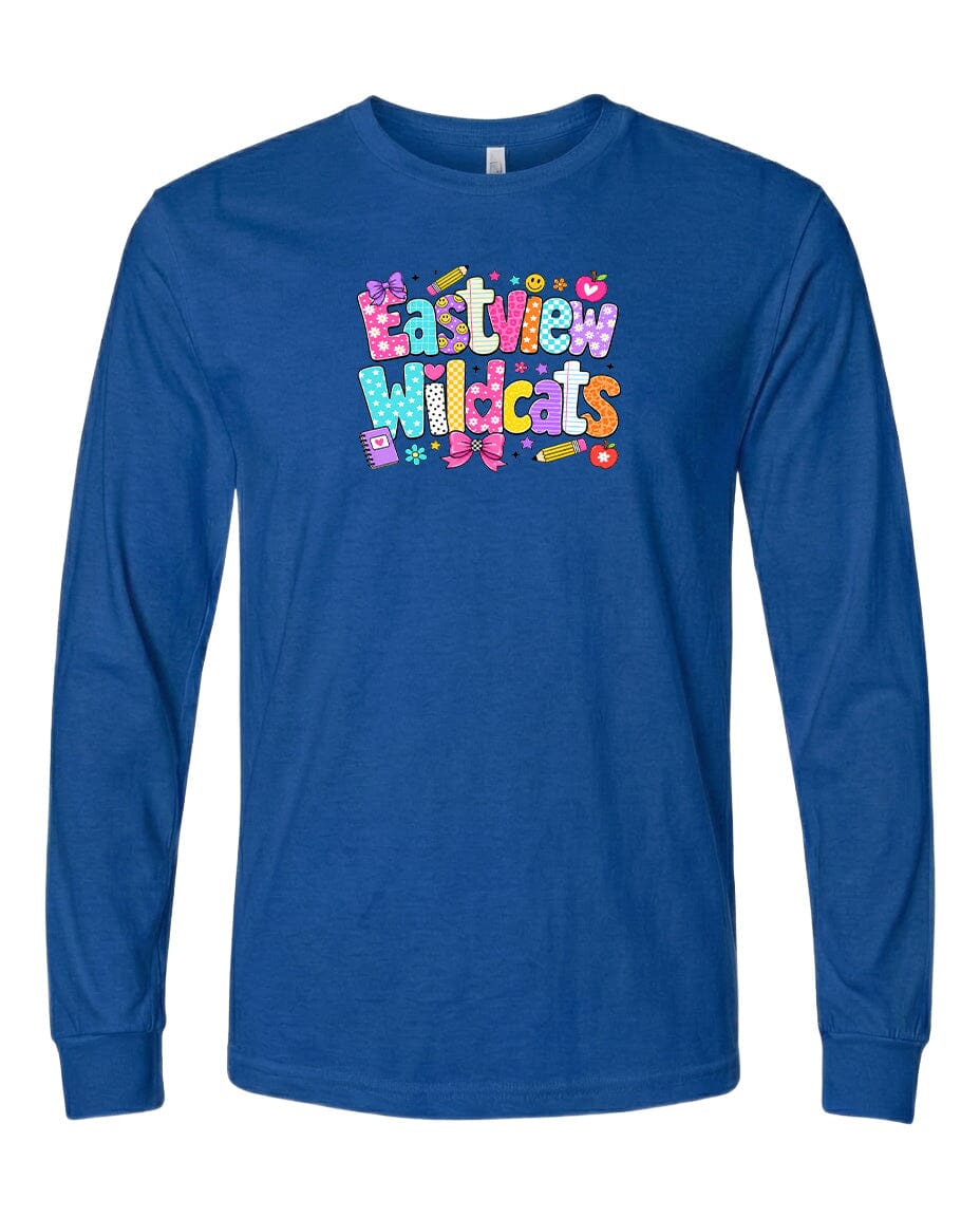 A blue long-sleeved t-shirt with a colorful graphic design featuring the text "Eastview Wildcats" in a playful font.
