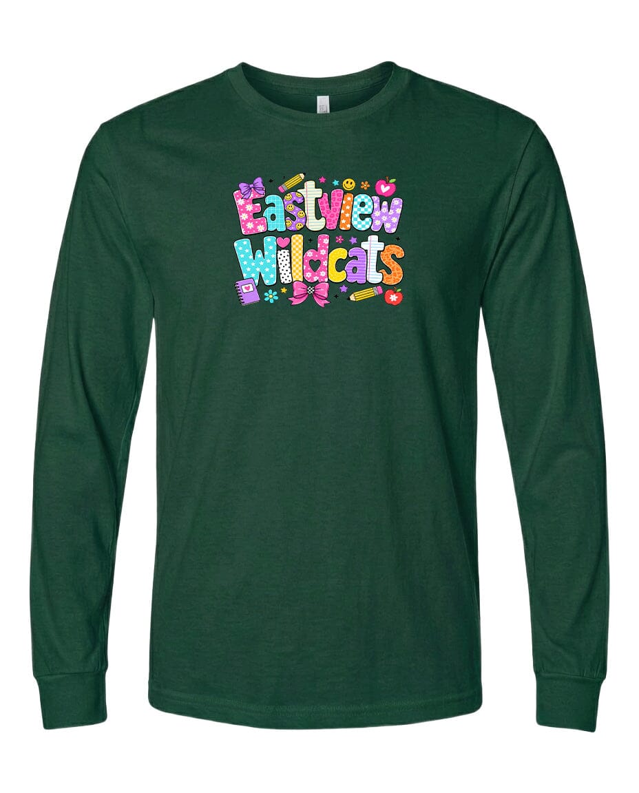 A long-sleeved green t-shirt with a colorful graphic design featuring the text "Eastview Wildcats" in a playful font.