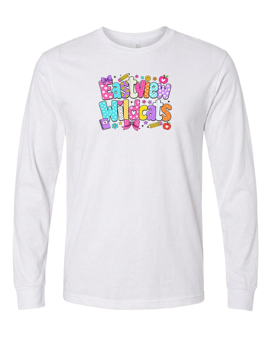 A white long-sleeved t-shirt with a colorful graphic design featuring the text "EASTVIEW WILDCATS" in a playful, cartoon-like font.