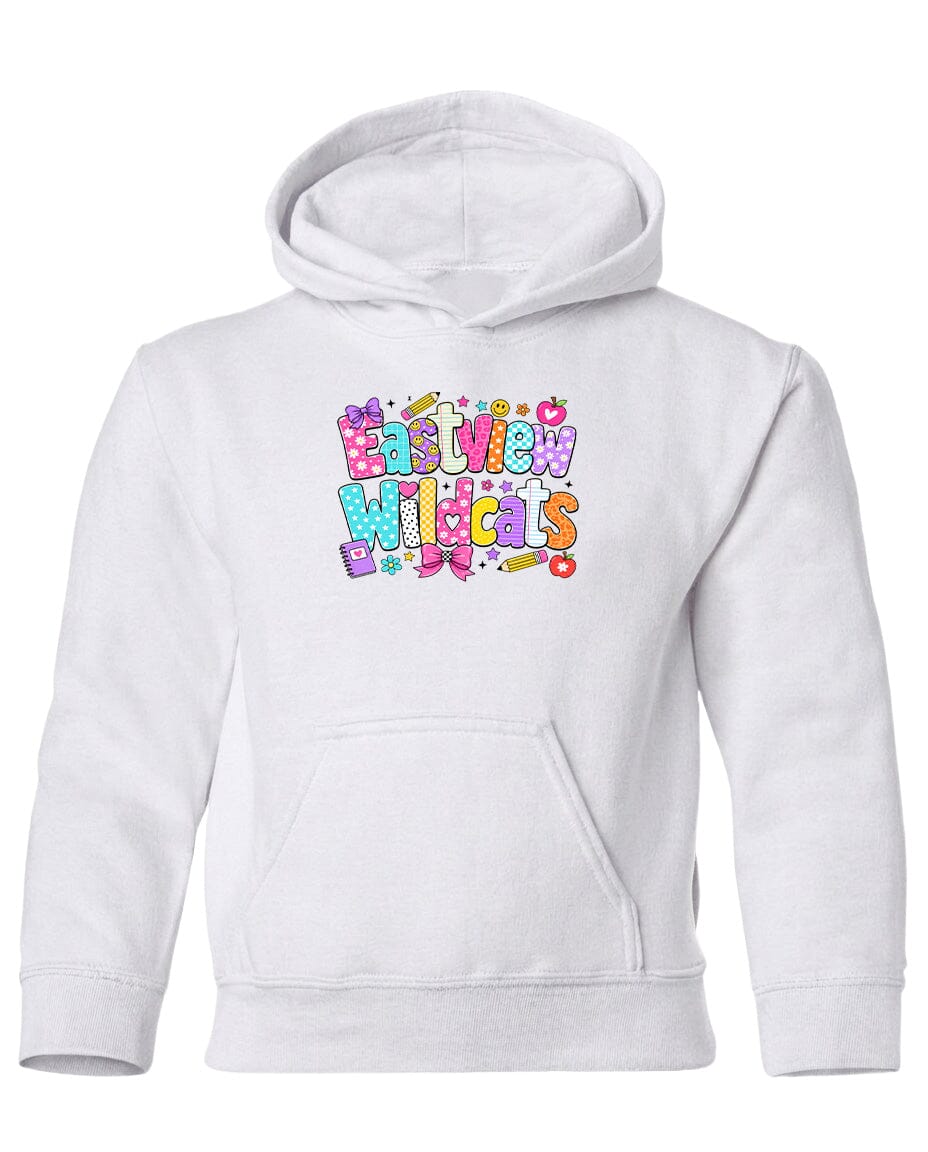 A white hoodie with a colorful graphic design featuring the text "EASYVIEW WILDCATS" in a playful, cartoon-like font.